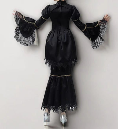 Gothic Black Rococo Style Dress – Dramatic Bell Sleeves and Mermaid Hem Plus Size - WonderlandByLilian