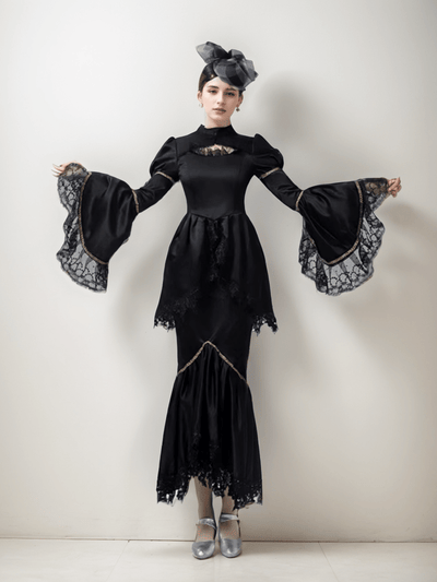 Gothic Black Rococo Style Dress – Dramatic Bell Sleeves and Mermaid Hem Plus Size - WonderlandByLilian