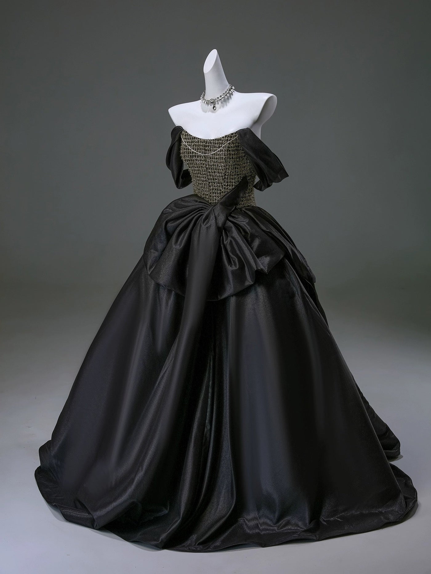 Gothic Black Satin Evening Dress - Off-Shoulder Beaded Golden Corset Ball Gown Plus Size - WonderlandByLilian