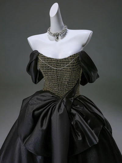 Gothic Black Satin Evening Dress - Off-Shoulder Beaded Golden Corset Ball Gown Plus Size - WonderlandByLilian
