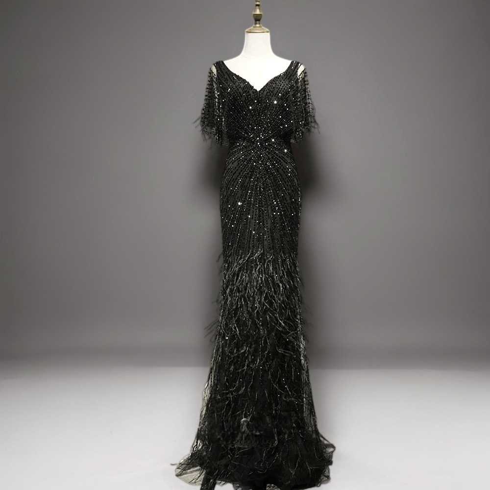 Gothic Black Sequin and Feather Evening Gown