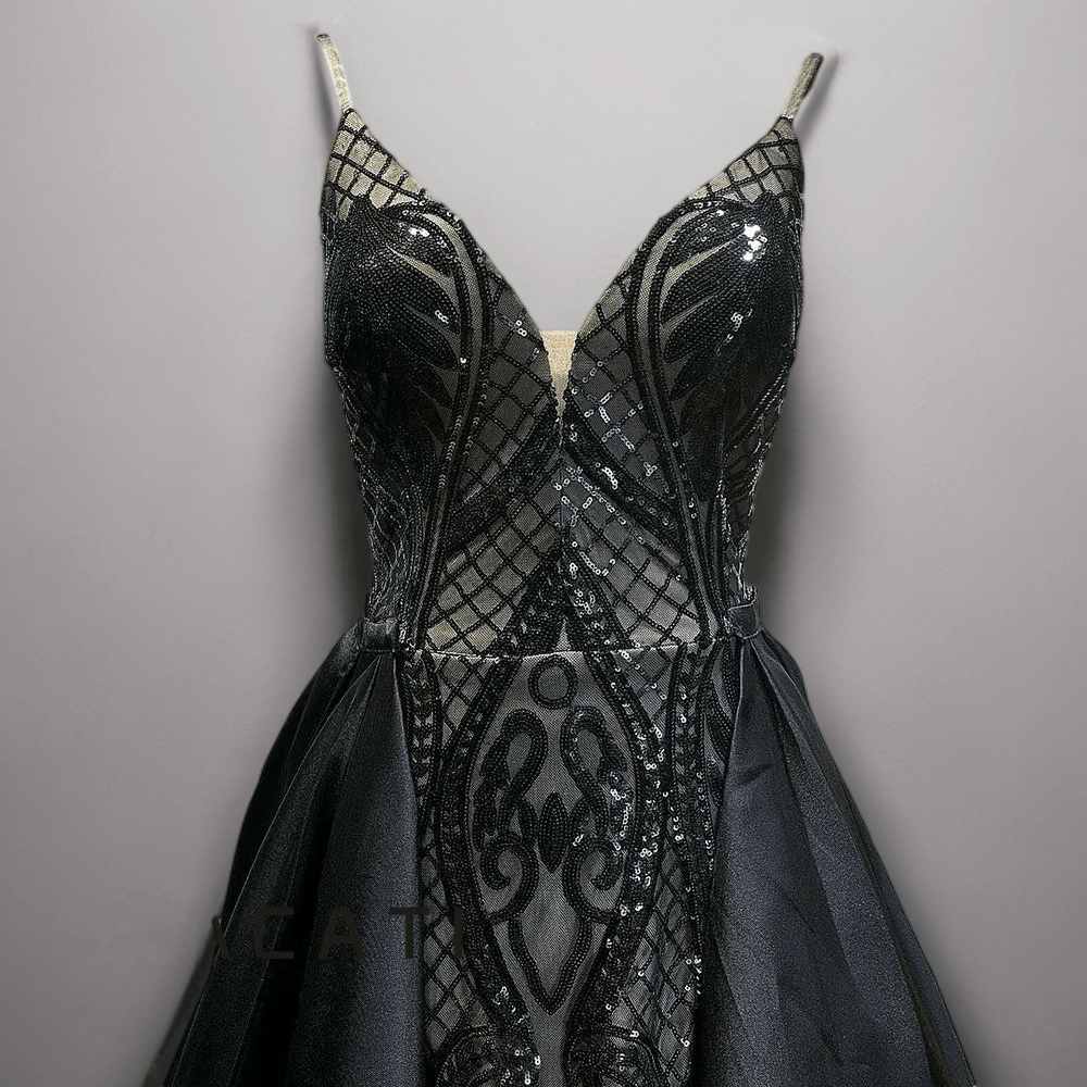 Gothic Black Sequin and Satin Evening Gown - Gothic Pretty Sequin Dress with Spaghetti Straps Plus Size Size 24W / Black Gothic Black Sequin and Satin Evening Gown - Gothic Pretty Sequin Dress with Spaghetti Straps Plus Size Size 24W / Black