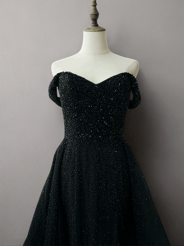 Gothic Black Sequin Ball Gown - Off-Shoulder Bridal Gown with Corset Plus Size - WonderlandByLilian