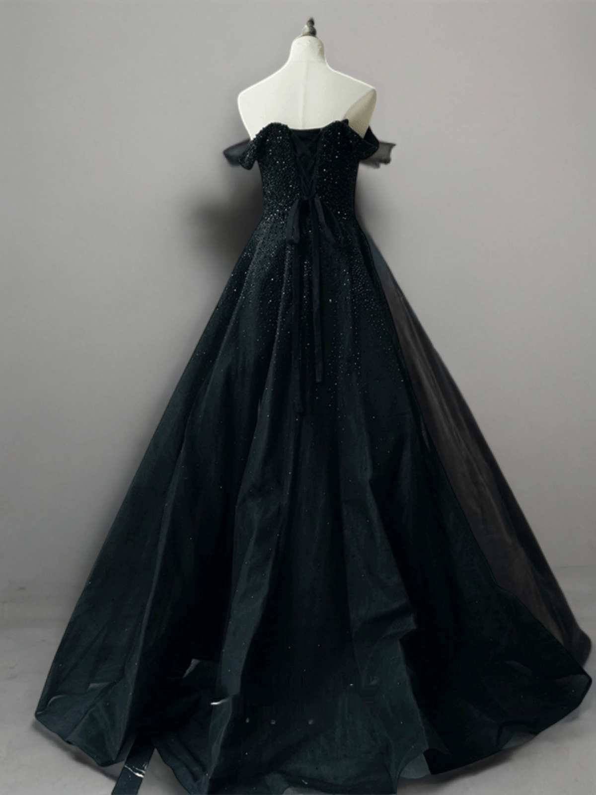 Gothic Black Sequin Ball Gown - Off-Shoulder Bridal Gown with Corset Plus Size - WonderlandByLilian