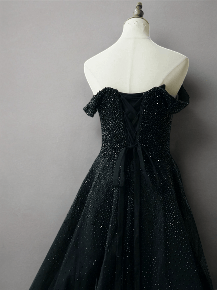 Gothic Black Sequin Ball Gown - Off-Shoulder Bridal Gown with Corset Plus Size - WonderlandByLilian