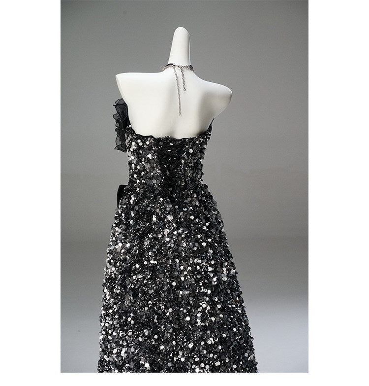 Gothic Black Sequin Evening Dress with Long Train - Strapless Evening Gown with Ruffle Bodice Plus Size - WonderlandByLilian