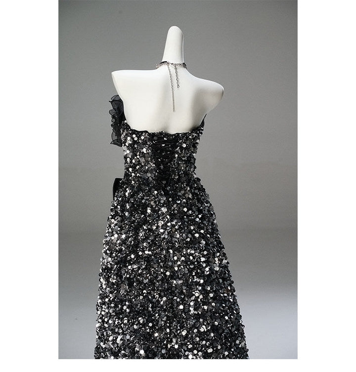 Gothic Black Sequin Evening Dress with Long Train - Strapless Evening Gown with Ruffle Bodice Plus Size - WonderlandByLilian