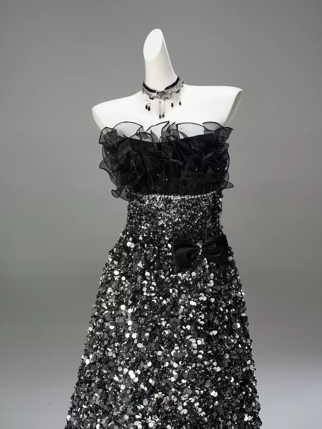 Gothic Black Sequin Evening Dress with Long Train - Strapless Evening Gown with Ruffle Bodice Plus Size - WonderlandByLilian