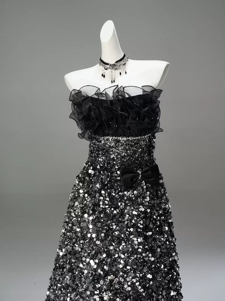 Gothic Black Sequin Evening Dress with Long Train - Strapless Evening Gown with Ruffle Bodice Plus Size - WonderlandByLilian
