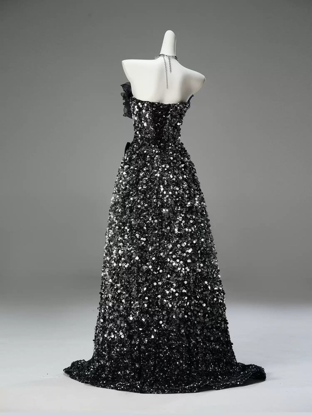 Gothic Black Sequin Evening Dress with Long Train - Strapless Evening Gown with Ruffle Bodice Plus Size - WonderlandByLilian