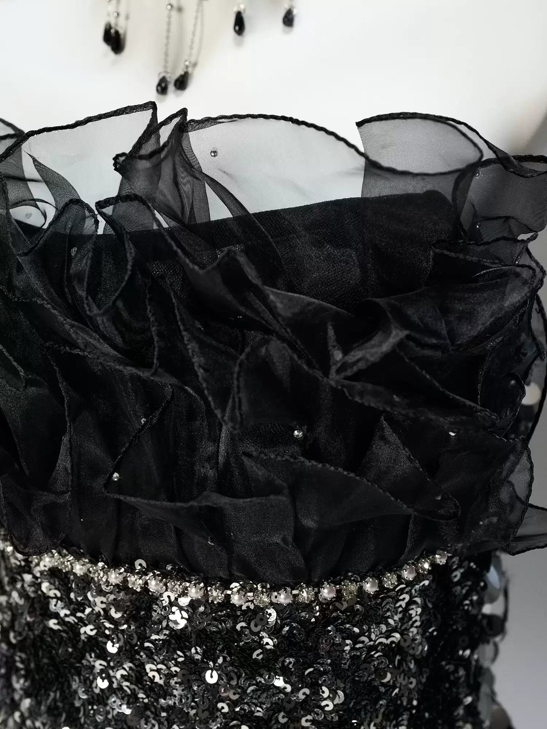 Gothic Black Sequin Evening Dress with Long Train - Strapless Evening Gown with Ruffle Bodice Plus Size - WonderlandByLilian
