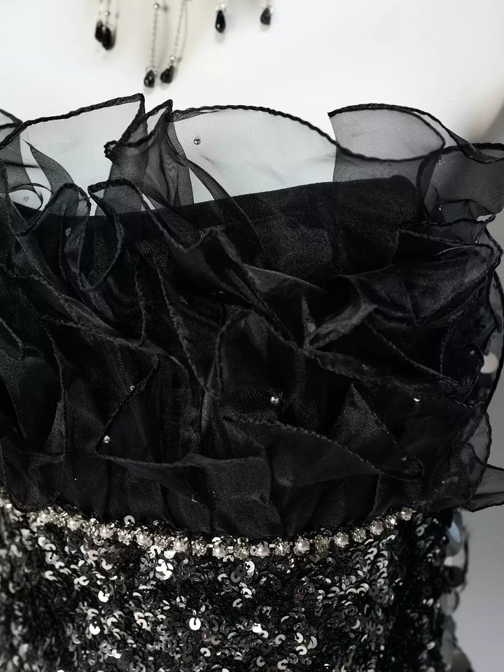 Gothic Black Sequin Evening Dress with Long Train - Strapless Evening Gown with Ruffle Bodice Plus Size - WonderlandByLilian