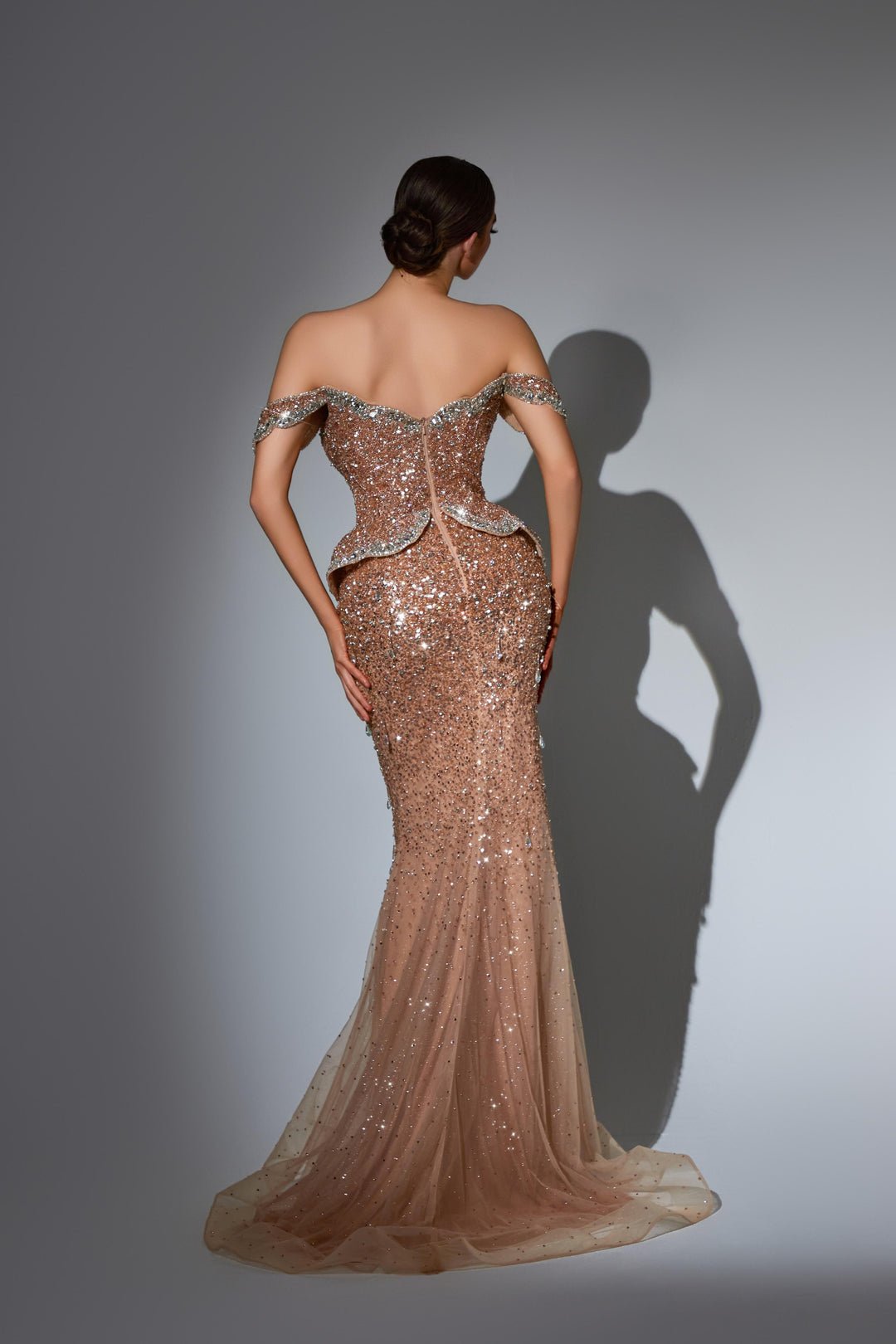 Gothic Black Sequin Evening Dress with Off Shoulder Bodice – Sparkly Mermaid Evening Gown with Peplum Detail Plus Size - WonderlandByLilian