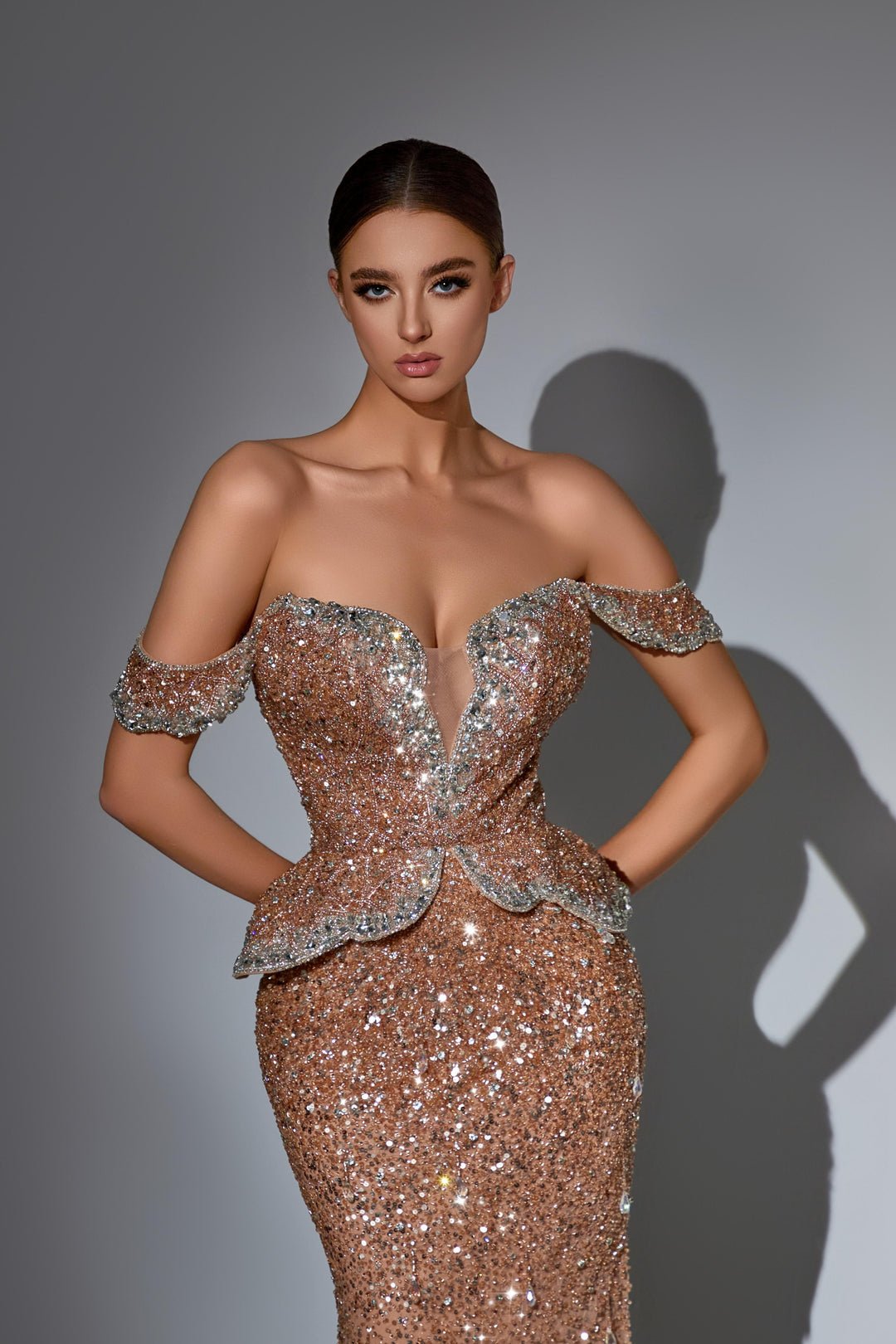 Gothic Black Sequin Evening Dress with Off Shoulder Bodice – Sparkly Mermaid Evening Gown with Peplum Detail Plus Size - WonderlandByLilian