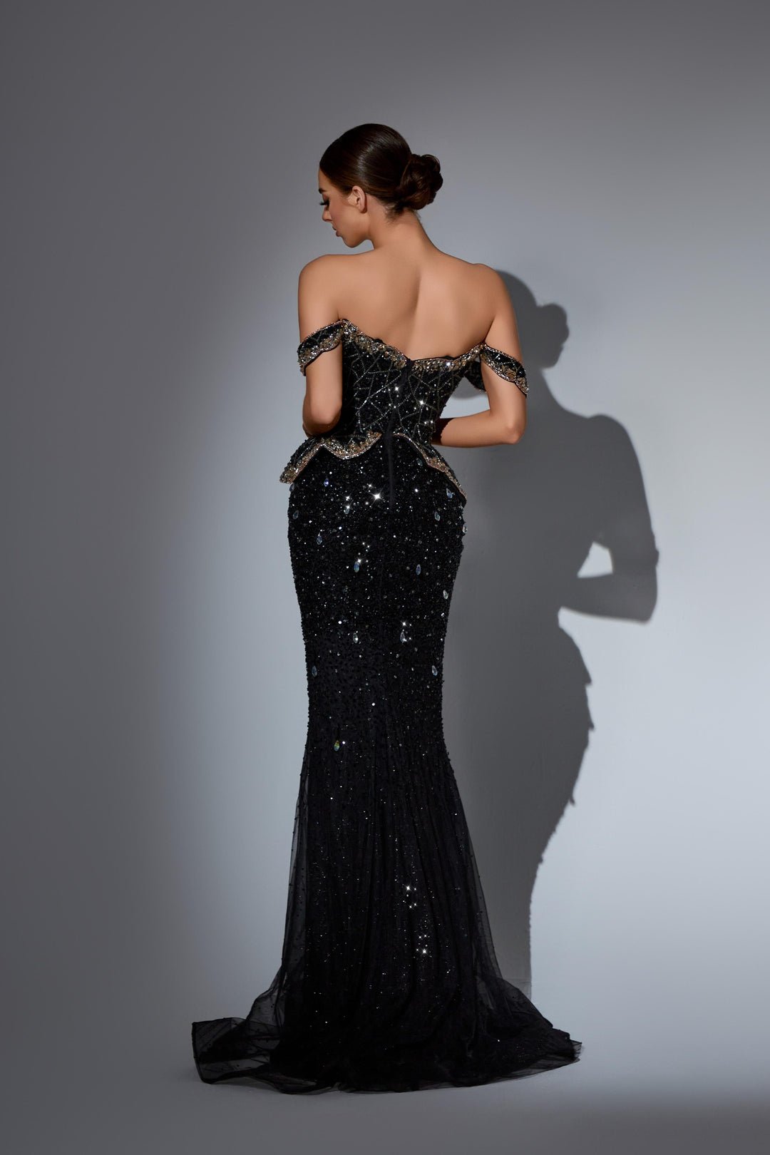 Gothic Black Sequin Evening Dress with Off Shoulder Bodice – Sparkly Mermaid Evening Gown with Peplum Detail Plus Size - WonderlandByLilian
