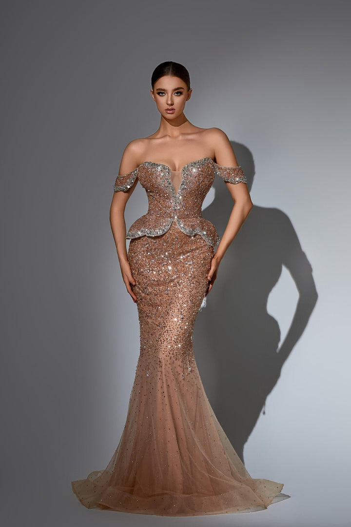 Gothic Black Sequin Evening Dress with Off Shoulder Bodice – Sparkly Mermaid Evening Gown with Peplum Detail Plus Size - WonderlandByLilian