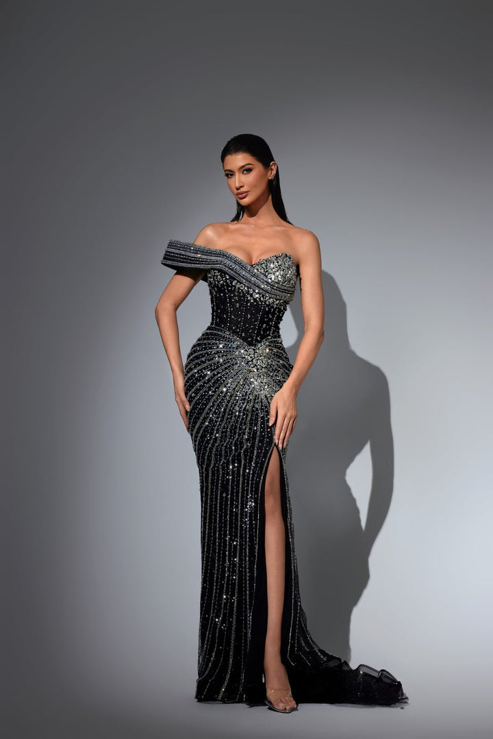 Gothic Black Sequin Prom Dress with Off Shoulder Sweetheart Bodice – Embellished Gown and Glitter Maxi Dress Plus Size - WonderlandByLilian