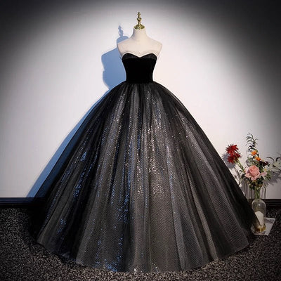 Gothic Black Sequin Tulle Wedding Dress with Velvet Bodice -Black Corset Ball Gown Plus Size - WonderlandByLilian