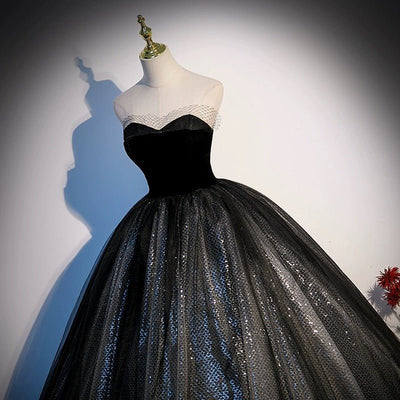 Gothic Black Sequin Tulle Wedding Dress with Velvet Bodice -Black Corset Ball Gown Plus Size - WonderlandByLilian