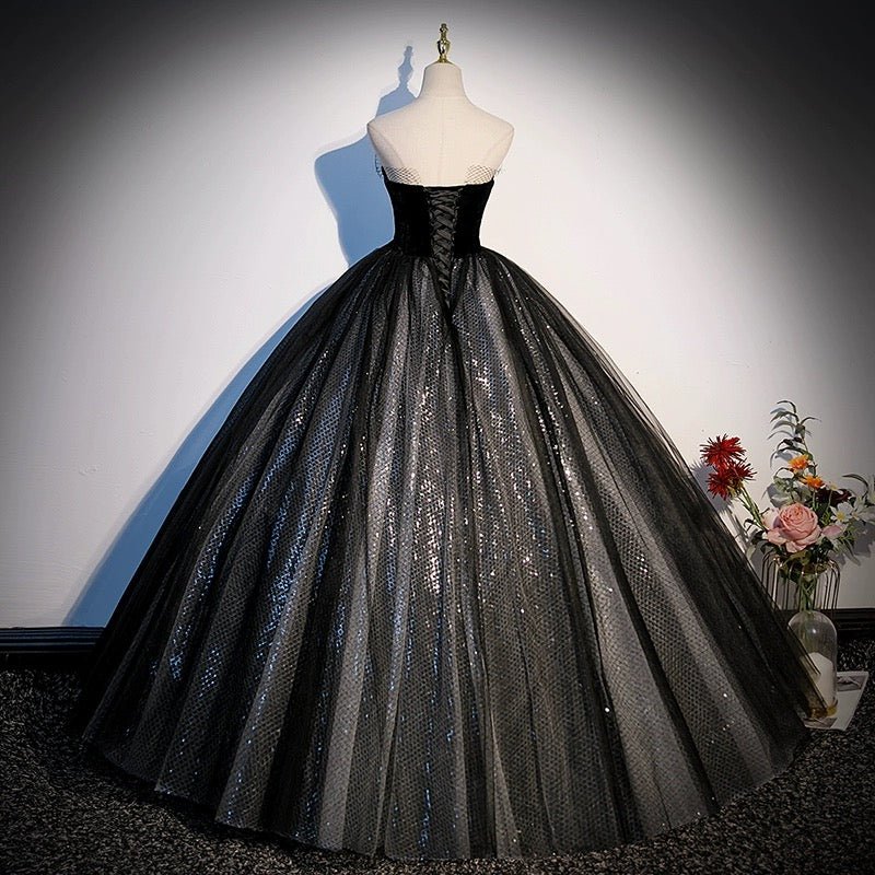 Gothic Black Sequin Tulle Wedding Dress with Velvet Bodice -Black Corset Ball Gown Plus Size - WonderlandByLilian