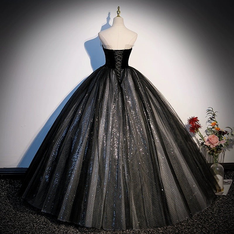 black corset wedding dresses Gothic Black Sequin Tulle Wedding Dress with Velvet Bodice -Black Corset Ball Gown Plus Size Size 10 / Black