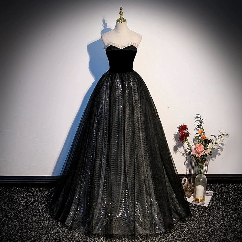 Gothic Black Sequin Tulle Wedding Dress with Velvet Bodice -Black Corset Ball Gown Plus Size - WonderlandByLilian