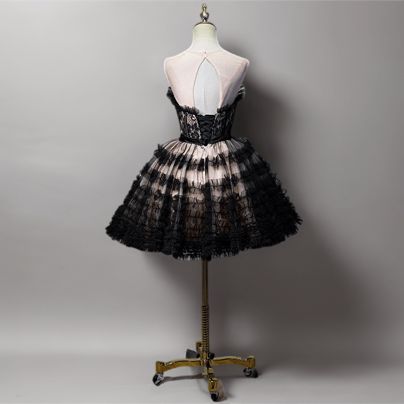 Gothic Black Short Wedding Party Dress - Layered Tulle Ruffle Dress - Floral Embroidered Corset Party Dress Plus Size - WonderlandByLilian