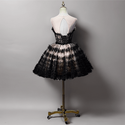 Gothic Black Short Wedding Party Dress - Layered Tulle Ruffle Dress - Floral Embroidered Corset Party Dress Plus Size - WonderlandByLilian