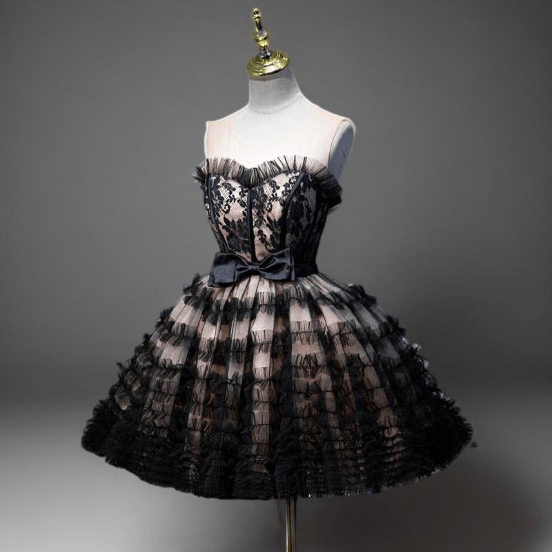 Gothic Black Short Wedding Party Dress - Layered Tulle Ruffle Dress - Floral Embroidered Corset Party Dress Plus Size - WonderlandByLilian