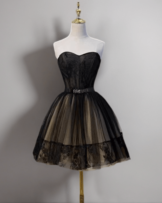 Gothic Black Short Wedding Party Dress with Strapless - Tulle and Lace Dress