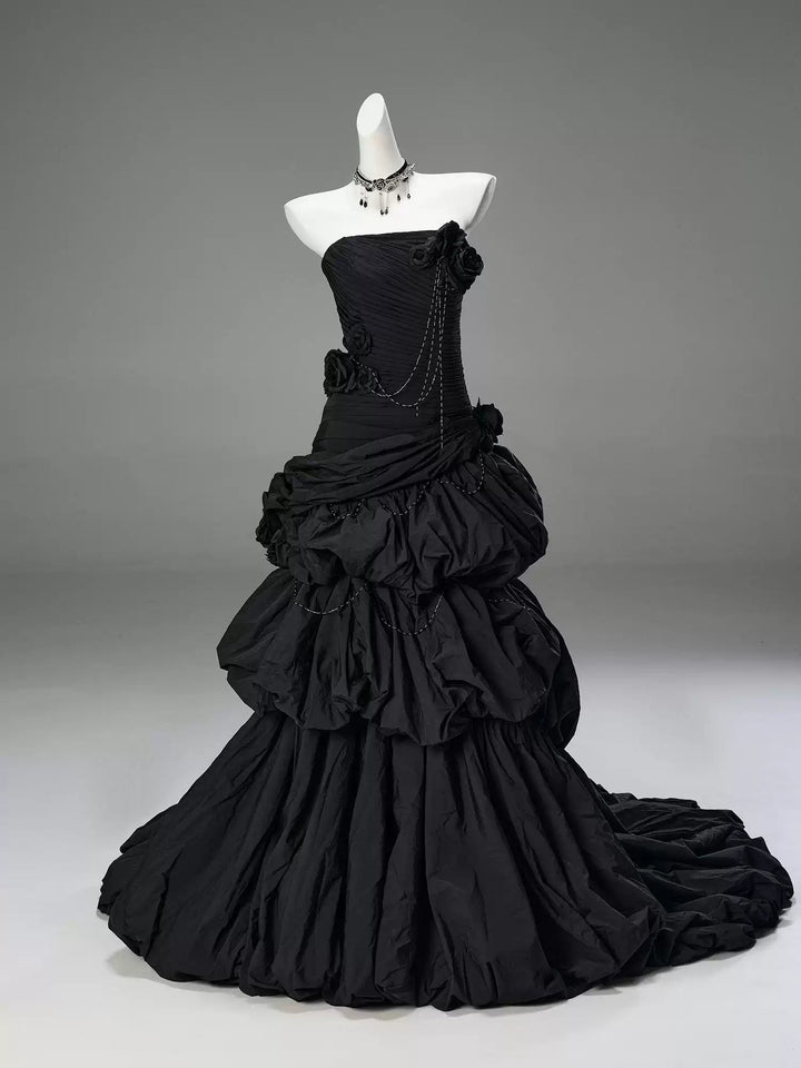 Gothic Black Strapless Evening Dress with Ruffled Skirt – Gothic Victorian Evening Dress with Corset Back Plus Size - WonderlandByLilian