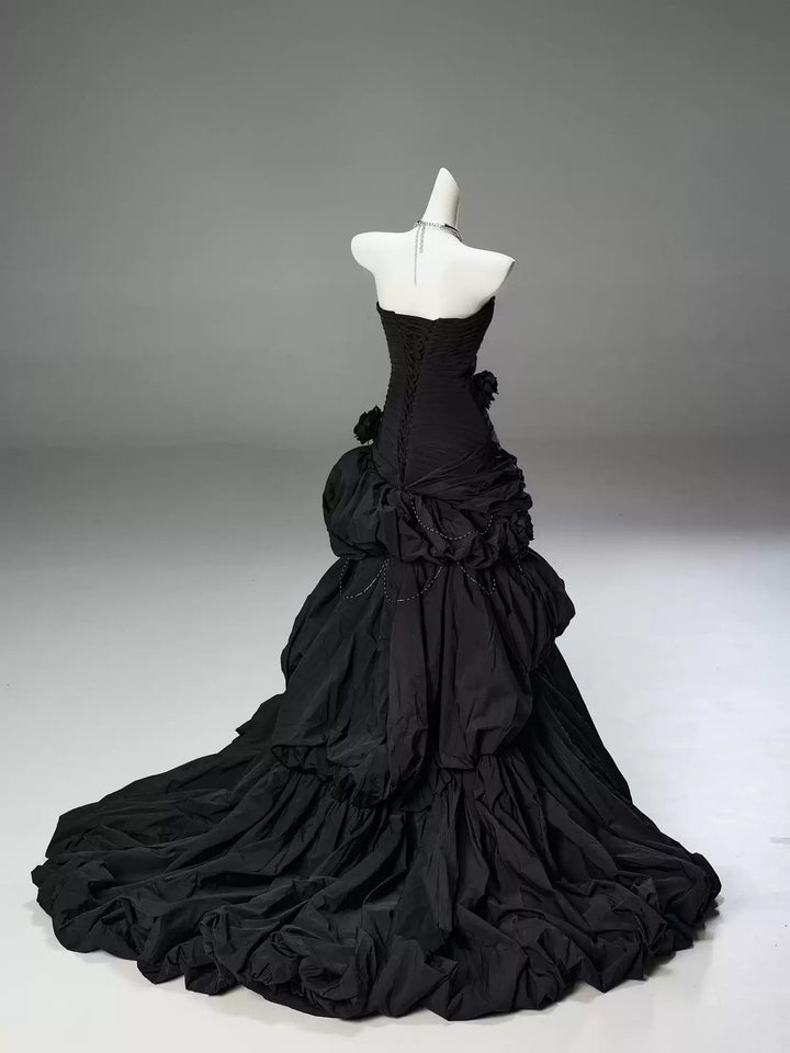 Gothic Black Strapless Evening Dress with Ruffled Skirt – Gothic Victorian Evening Dress with Corset Back Plus Size - WonderlandByLilian