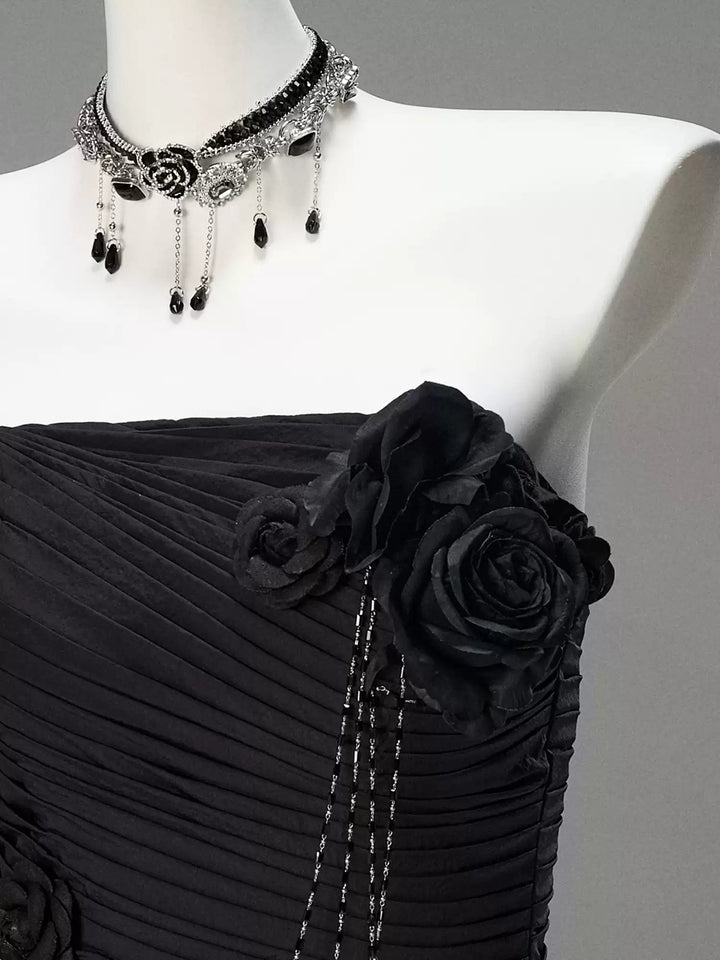 Gothic Black Strapless Evening Dress with Ruffled Skirt – Gothic Victorian Evening Dress with Corset Back Plus Size - WonderlandByLilian