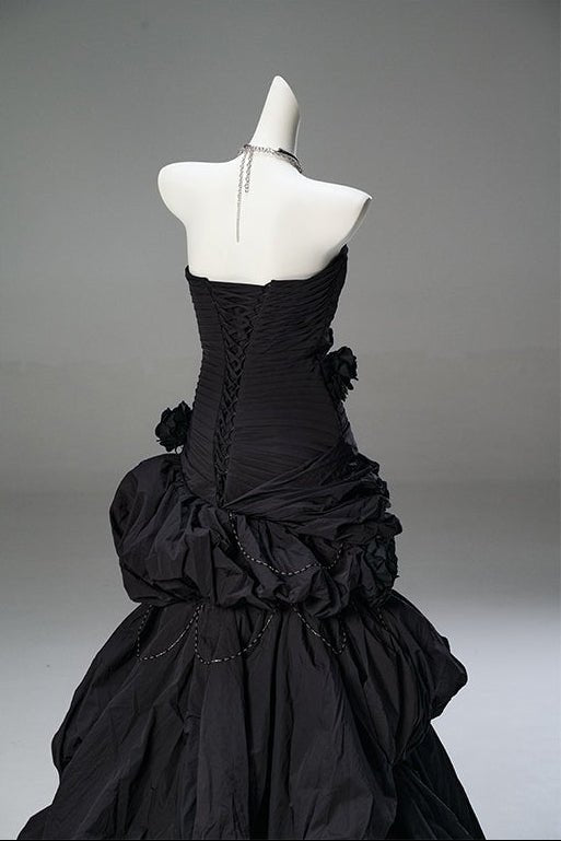 Gothic Black Strapless Evening Dress with Ruffled Skirt – Gothic Victorian Evening Dress with Corset Back Plus Size - WonderlandByLilian