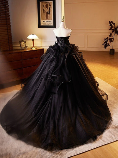 Gothic Black Tulle Ball Gown - Elegant Corset Back Wedding Dress with Floral Accents Plus Size - WonderlandByLilian