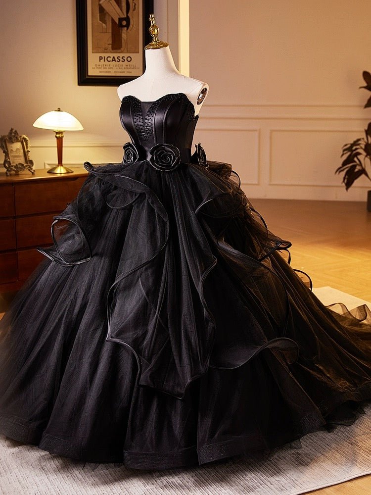 Gothic Black Tulle Ball Gown - Elegant Corset Back Wedding Dress with Floral Accents Plus Size - WonderlandByLilian