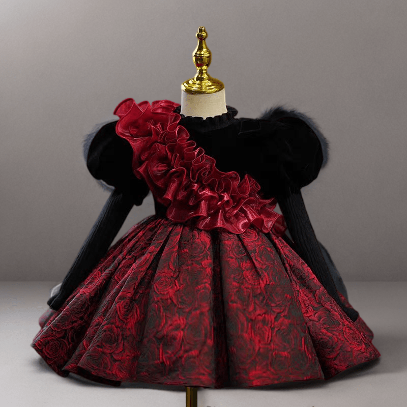 Gothic Black Velvet and Red Rose Brocade Long Sleeve Flower Girl Dress for Wedding – Plus Size - WonderlandByLilian