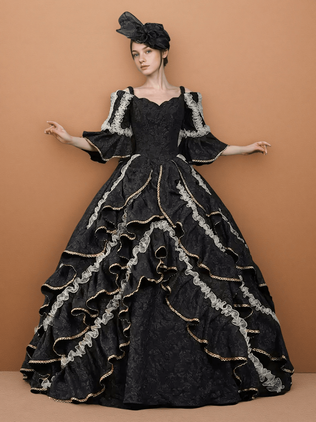 lace dress victorian Gothic Black Victorian Ball Gown with Ruffle Cape – Vintage Court Dress with Lace Trim and Statement Hat Size 26W / Black