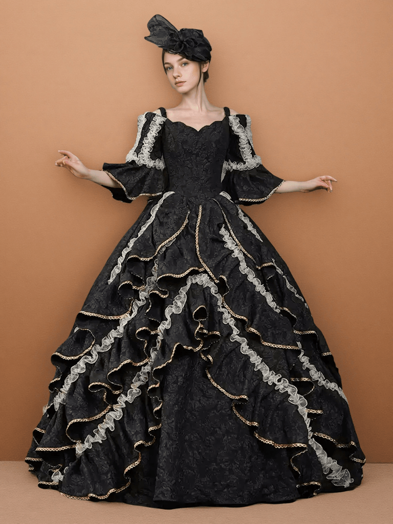 Gothic Black Victorian Ball Gown with Ruffle Cape – Vintage Court Dress with Lace Trim and Statement Hat Size 26W / Black