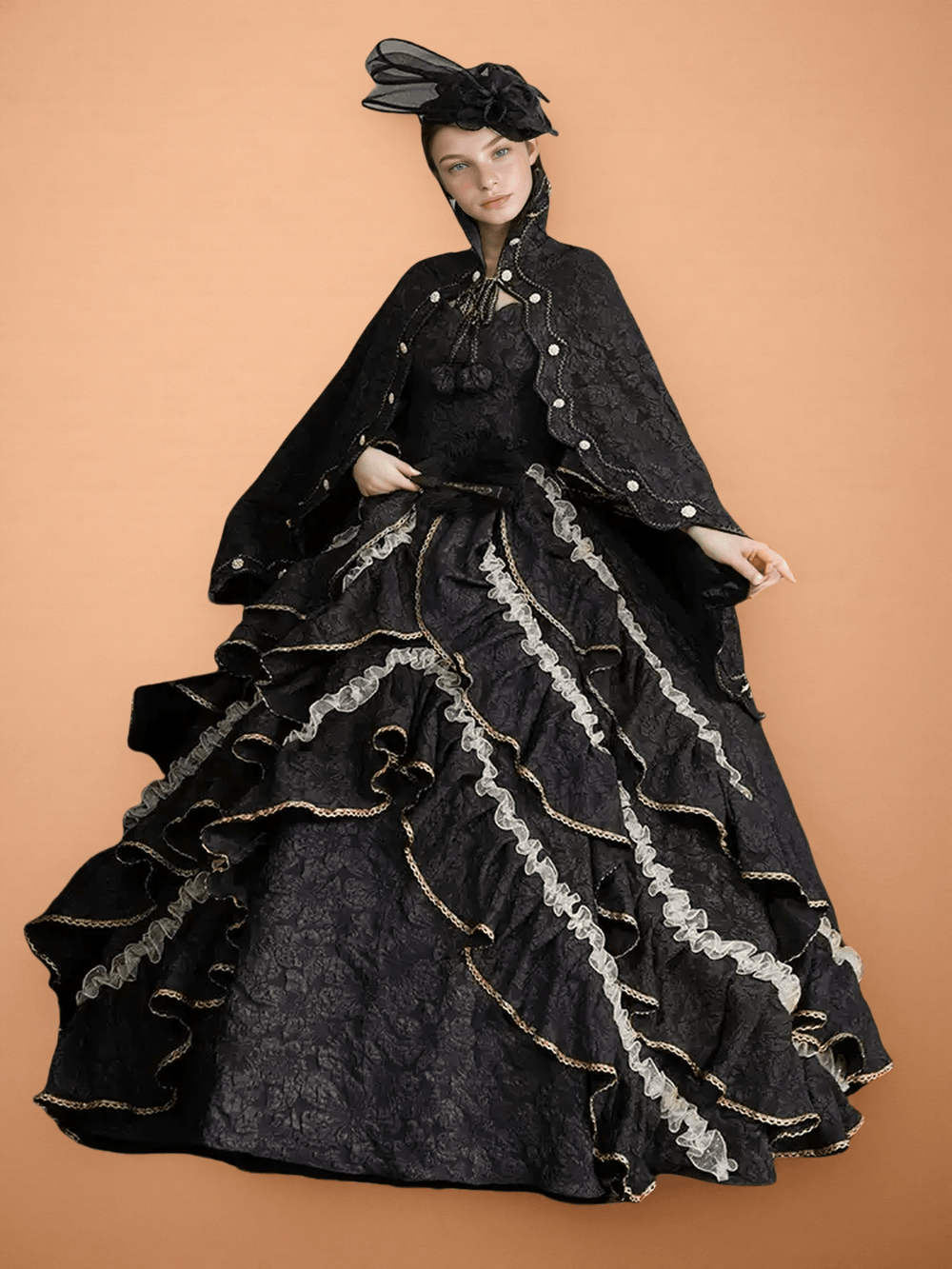 Gothic Black Victorian Ball Gown with Ruffle Cape – Vintage Court Dress with Lace Trim and Statement Hat - WonderlandByLilian