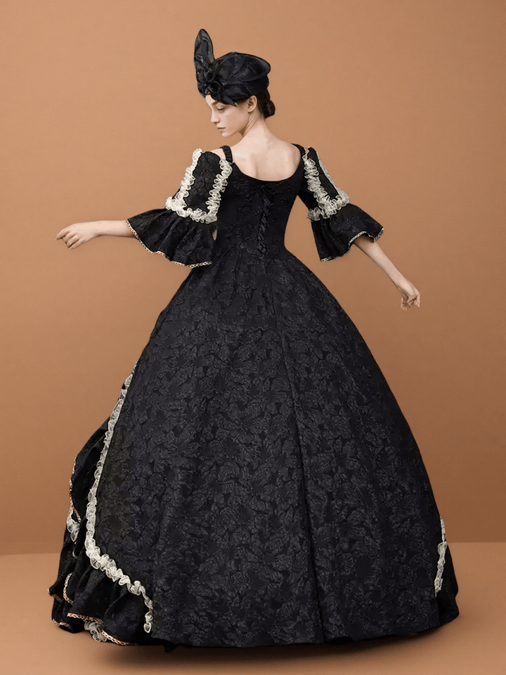 Gothic Black Victorian Ball Gown with Ruffle Cape – Vintage Court Dress with Lace Trim and Statement Hat - WonderlandByLilian