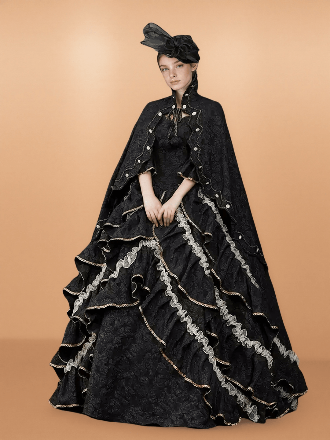 Gothic Black Victorian Ball Gown with Ruffle Cape – Vintage Court Dress with Lace Trim and Statement Hat - WonderlandByLilian