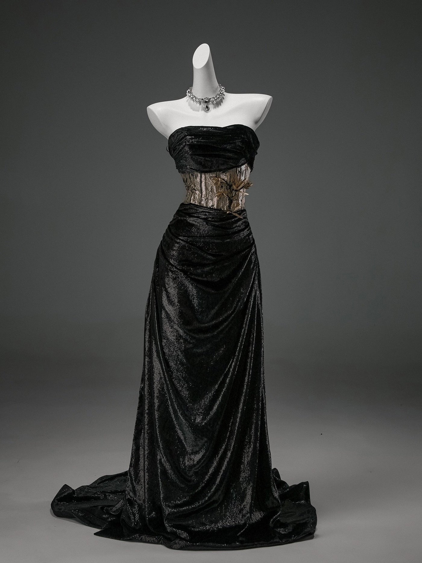 Gothic Black Wedding Dress - Corset Back Evening Gown with Metallic Accents Plus Size - WonderlandByLilian
