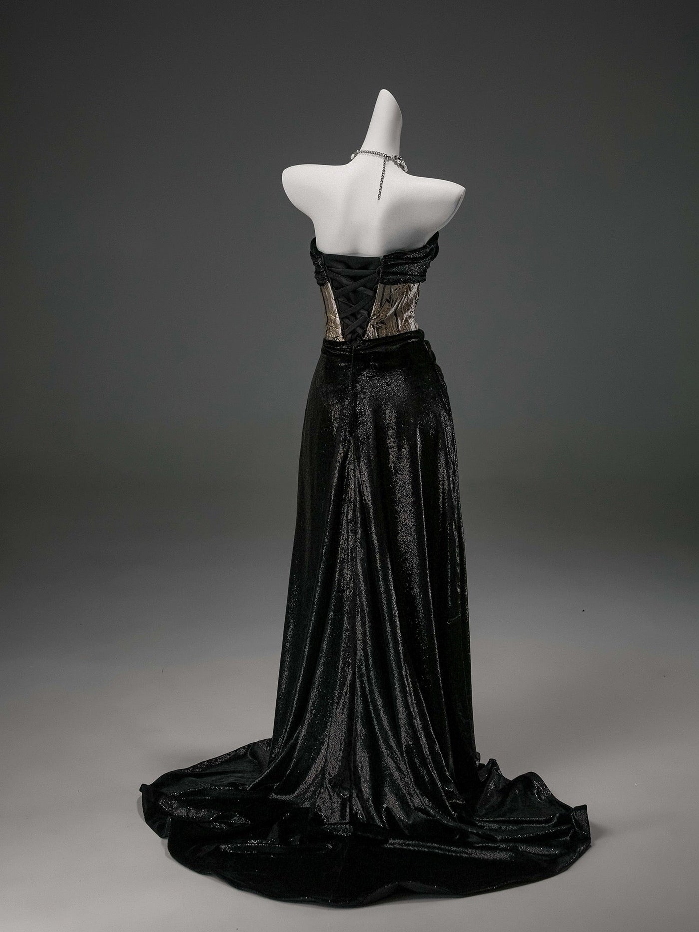 Gothic Black Wedding Dress - Corset Back Evening Gown with Metallic Accents Plus Size - WonderlandByLilian