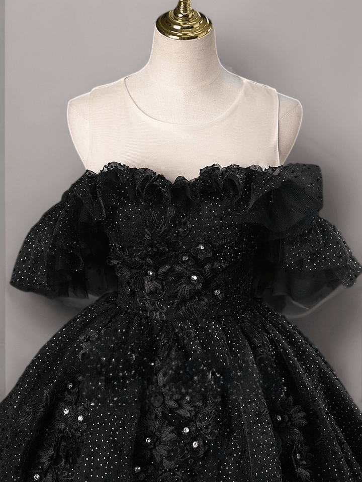 Gothic Black Wedding Dress with Beaded Ruffle Shoulders - Black Sequin Evening Gown Plus Size - WonderlandByLilian