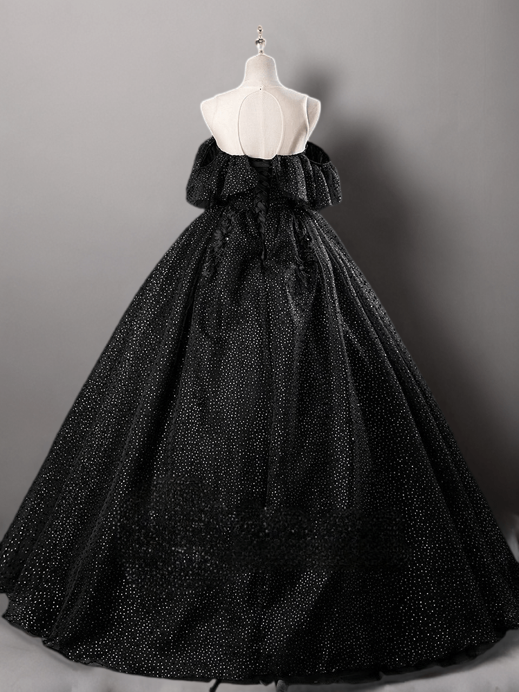 Gothic Black Wedding Dress with Beaded Ruffle Shoulders - Black Sequin Evening Gown Plus Size - WonderlandByLilian