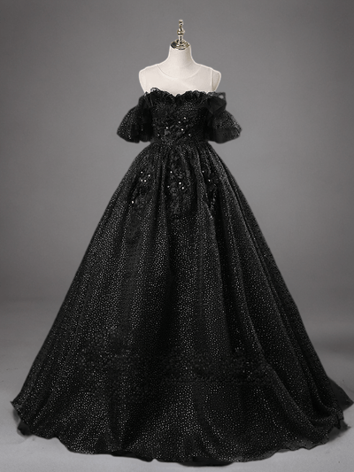 Gothic Black Wedding Dress with Beaded Ruffle Shoulders - Black Sequin Evening Gown Plus Size - WonderlandByLilian