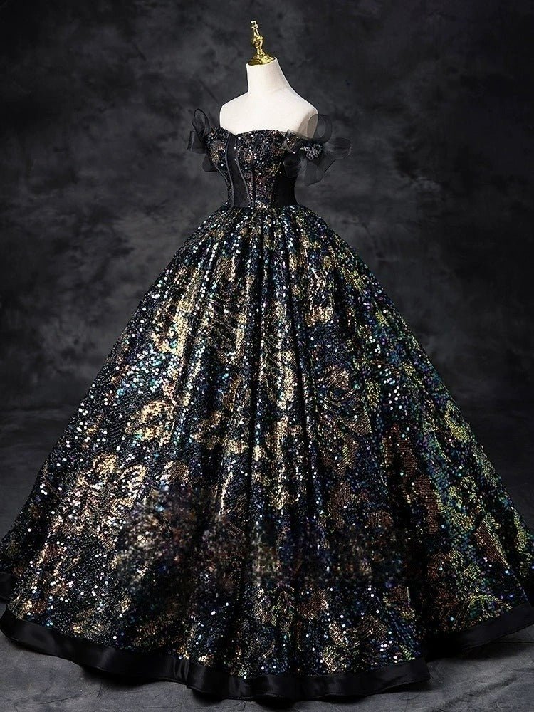 Gothic Black Wedding Dress with Shoulder Detail - Black Sequin Corset Evening Gown Plus Size Size 10 / Black Gothic Black Wedding Dress with Shoulder Detail - Black Sequin Corset Evening Gown Plus Size Size 10 / Black