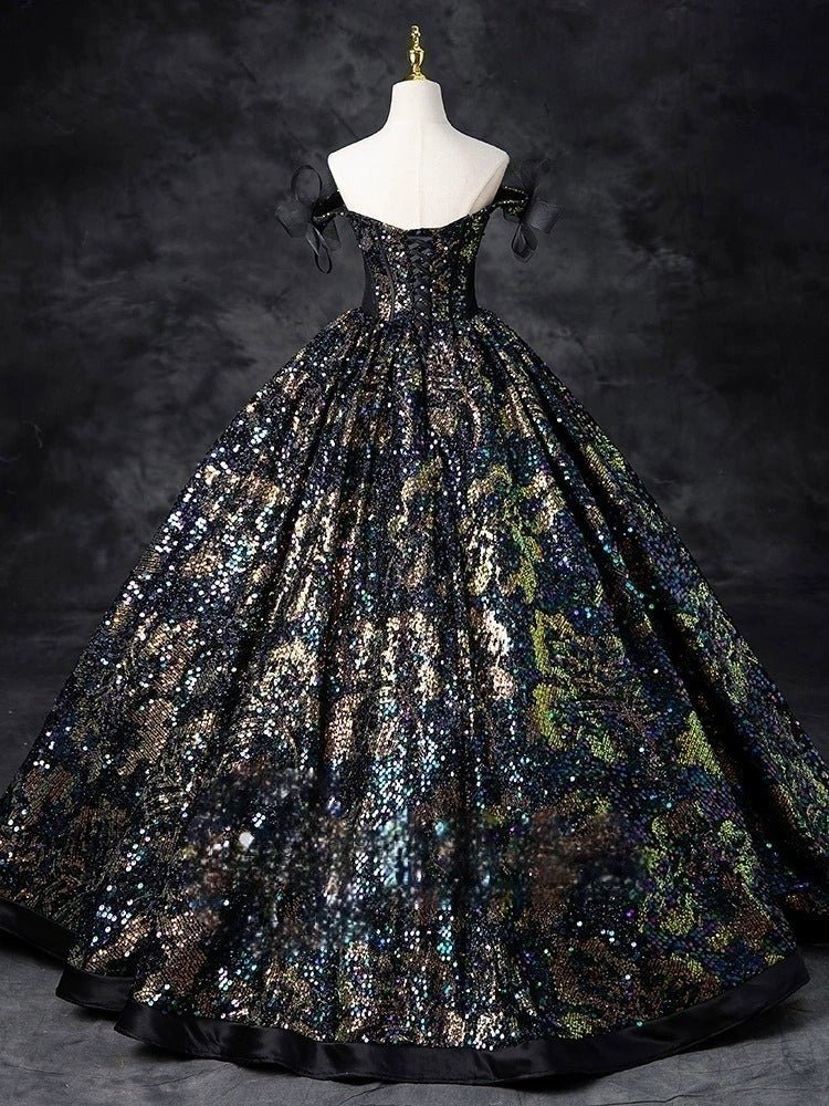 Gothic Black Wedding Dress with Shoulder Detail - Black Sequin Corset Evening Gown Plus Size - WonderlandByLilian