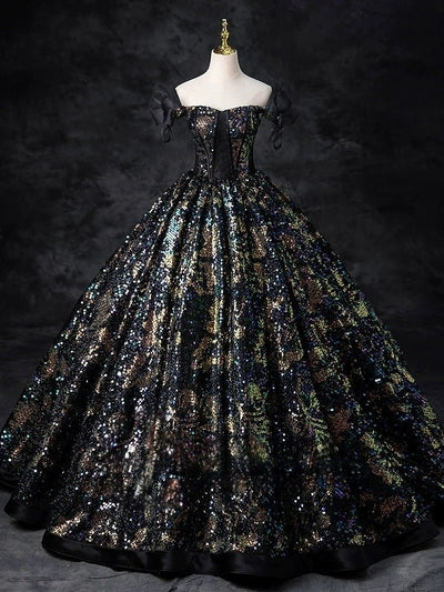 Gothic Black Wedding Dress with Shoulder Detail - Black Sequin Corset Evening Gown Plus Size - WonderlandByLilian